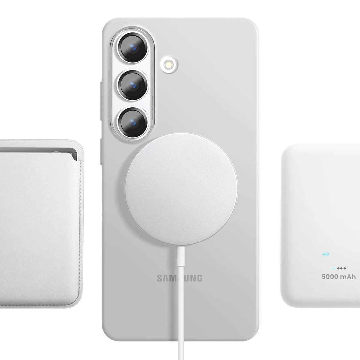 Uno smartphone bianco con tre fotocamere, un caricatore rotondo e una custodia.