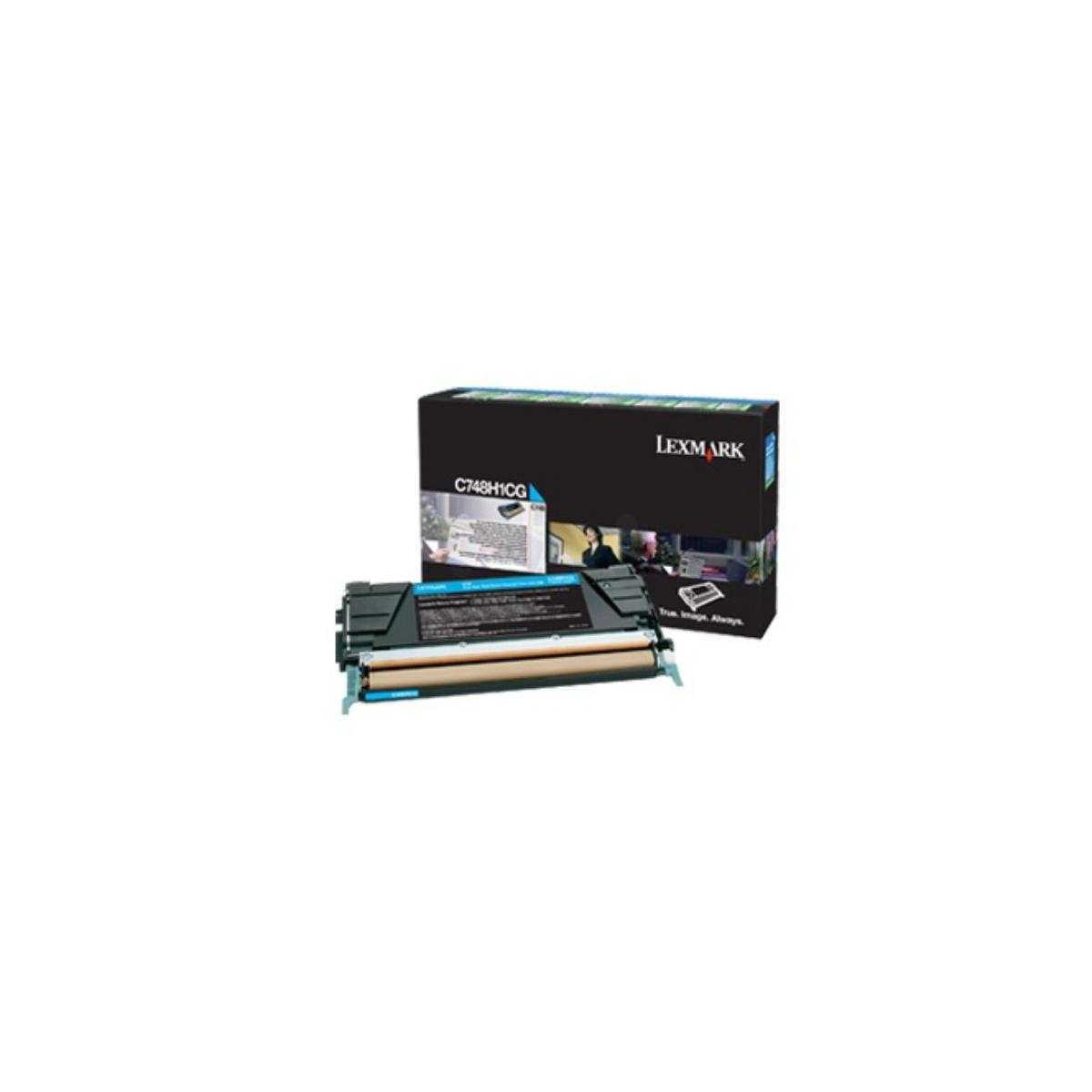 Cartuccia toner Lexmark C748H1CG, ciano, accanto alla sua scatola.
