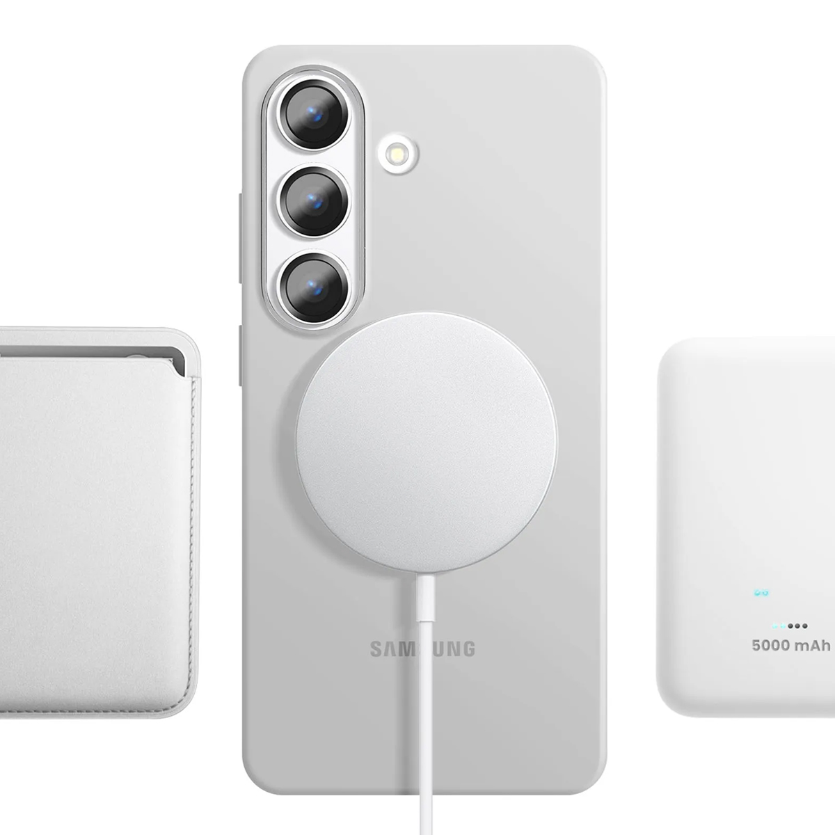 Uno smartphone bianco con tre fotocamere, caricatore MagSafe, custodia e power bank.