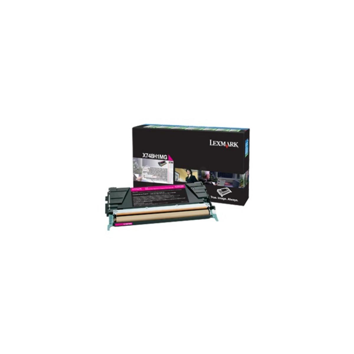 Cartuccia toner Lexmark X748H1MG magenta accanto alla sua scatola aperta.