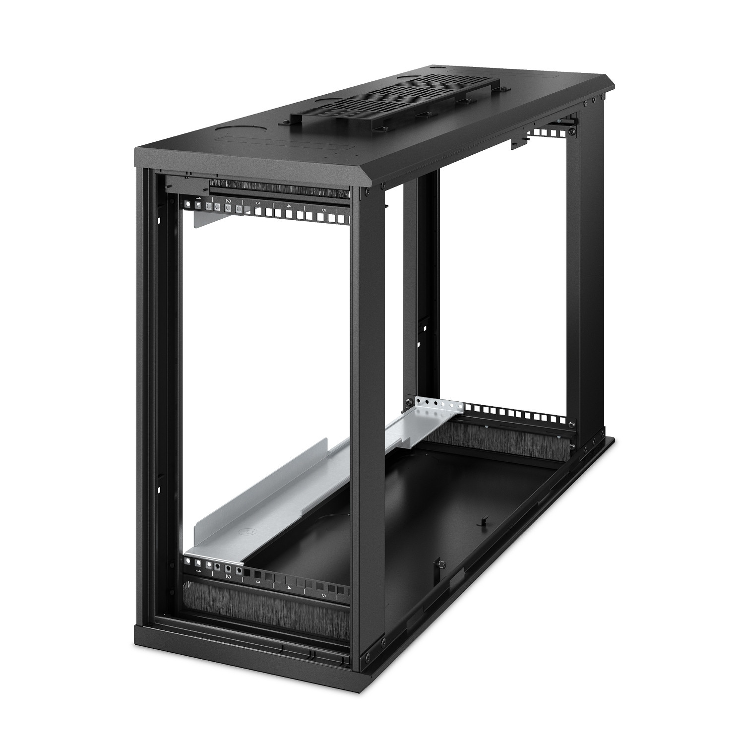 Un rack server nero vuoto con guide, ventola in alto e spazzole in basso.