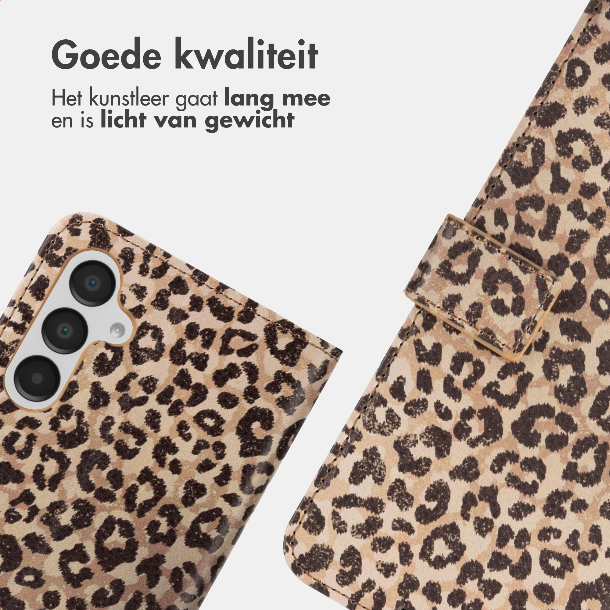 Telefoonhoes met luipaardprint en drie zichtbare cameralenzen.