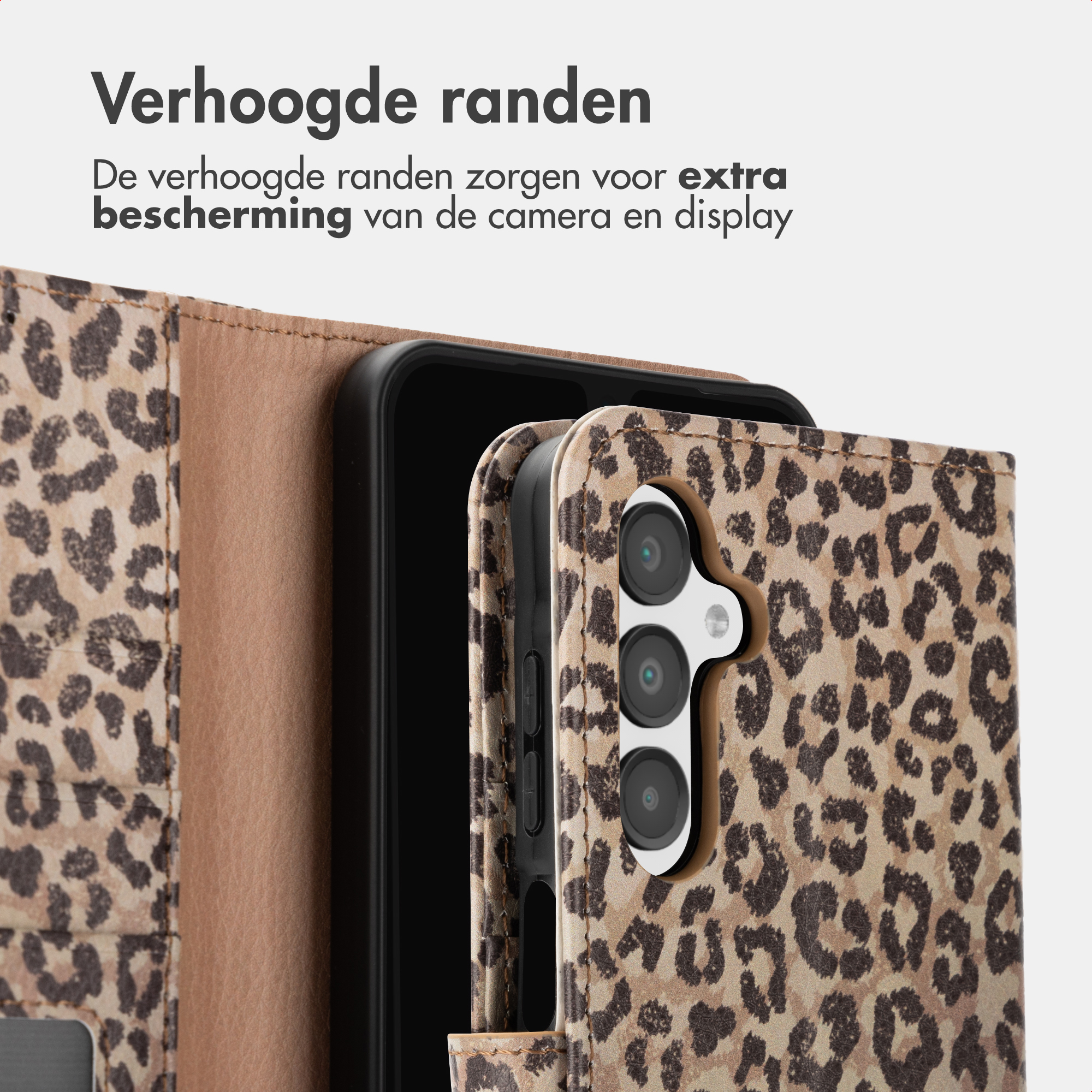 Leopardprint telefoonhoes met verhoogde randen voor camera- en displaybescherming.