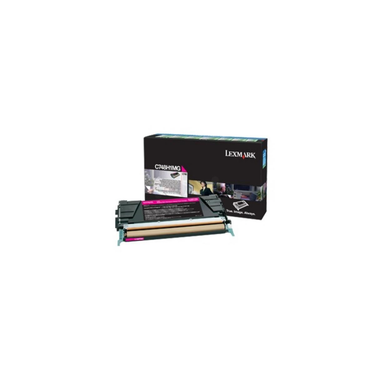 Cartuccia toner magenta Lexmark C748H1MG accanto alla sua scatola.