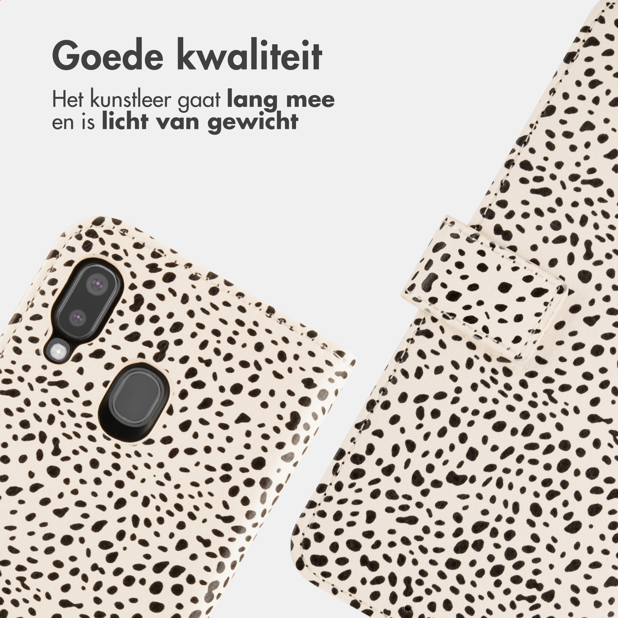 Telefoonhoesje met dalmatiërpatroon, close-up van de camera en een sluiting.
