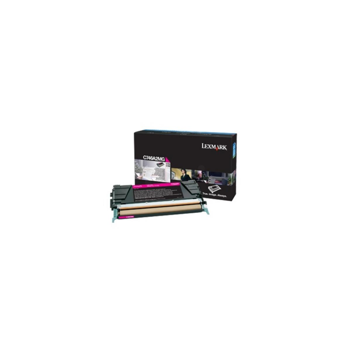 Cartuccia toner magenta Lexmark C746A2MG e scatola.