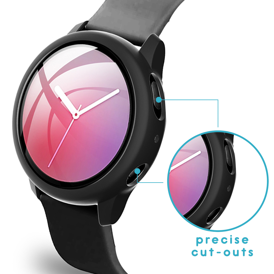 Een zwarte beschermhoes voor een smartwatch met precieze uitsparingen.