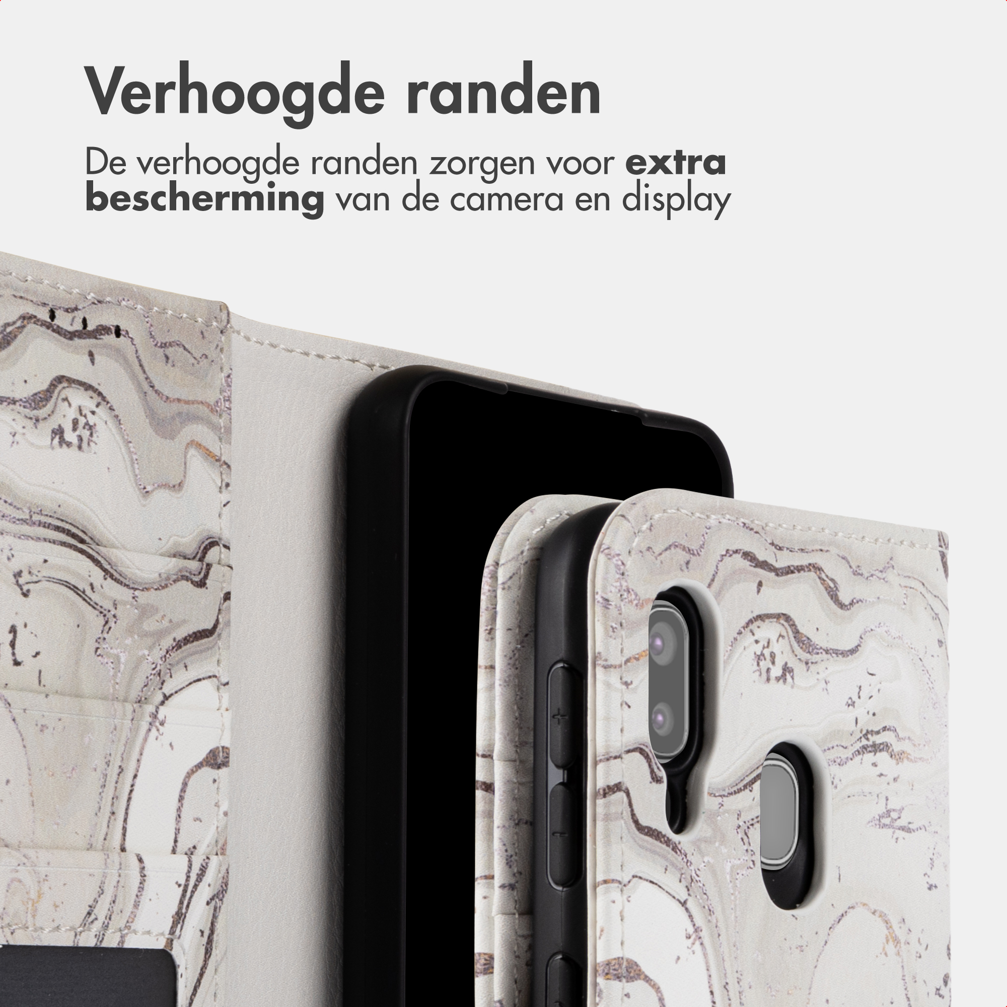 Marmeren telefoonhoes met verhoogde randen voor camera- en schermbescherming.
