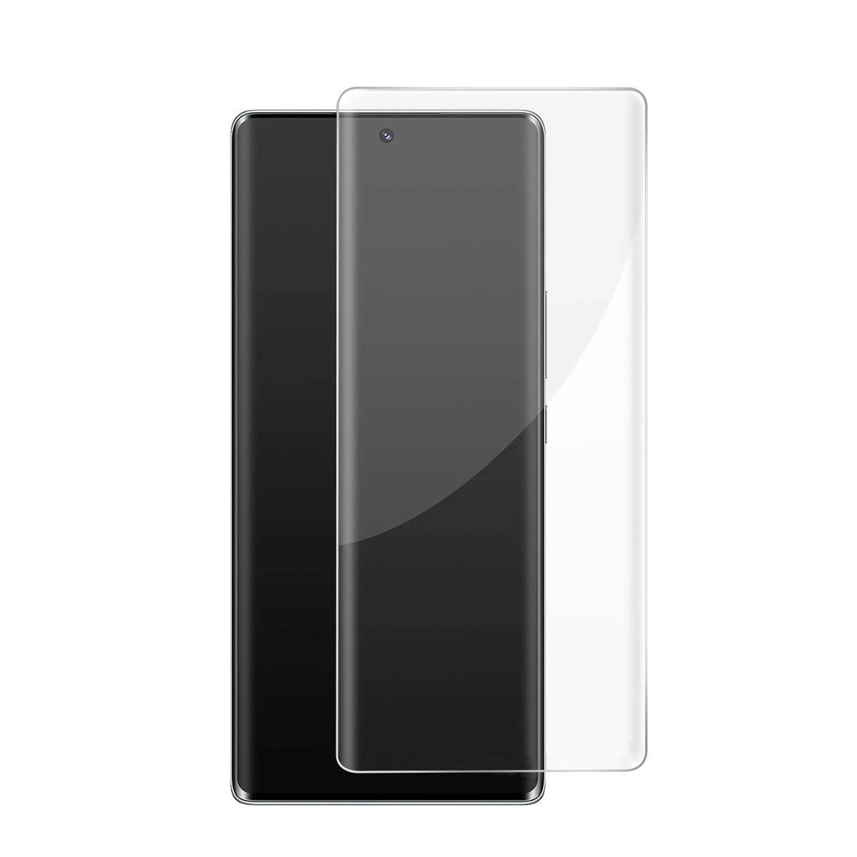Uno smartphone scuro con una protezione dello schermo trasparente accanto.