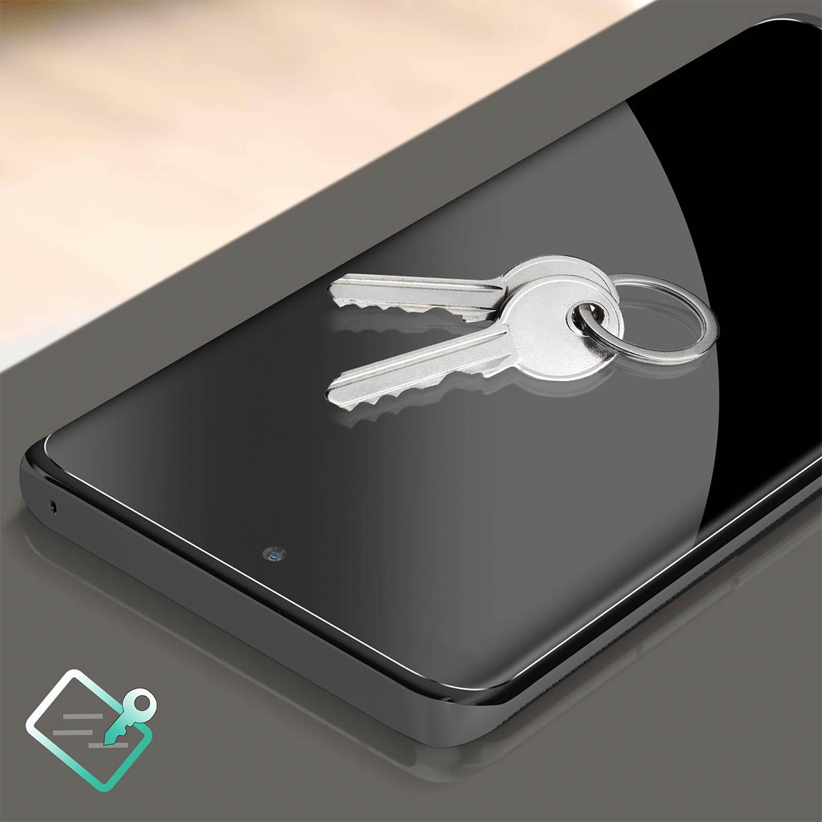 Due chiavi argentate sullo schermo di uno smartphone nero. Un piccolo logo in basso a sinistra.