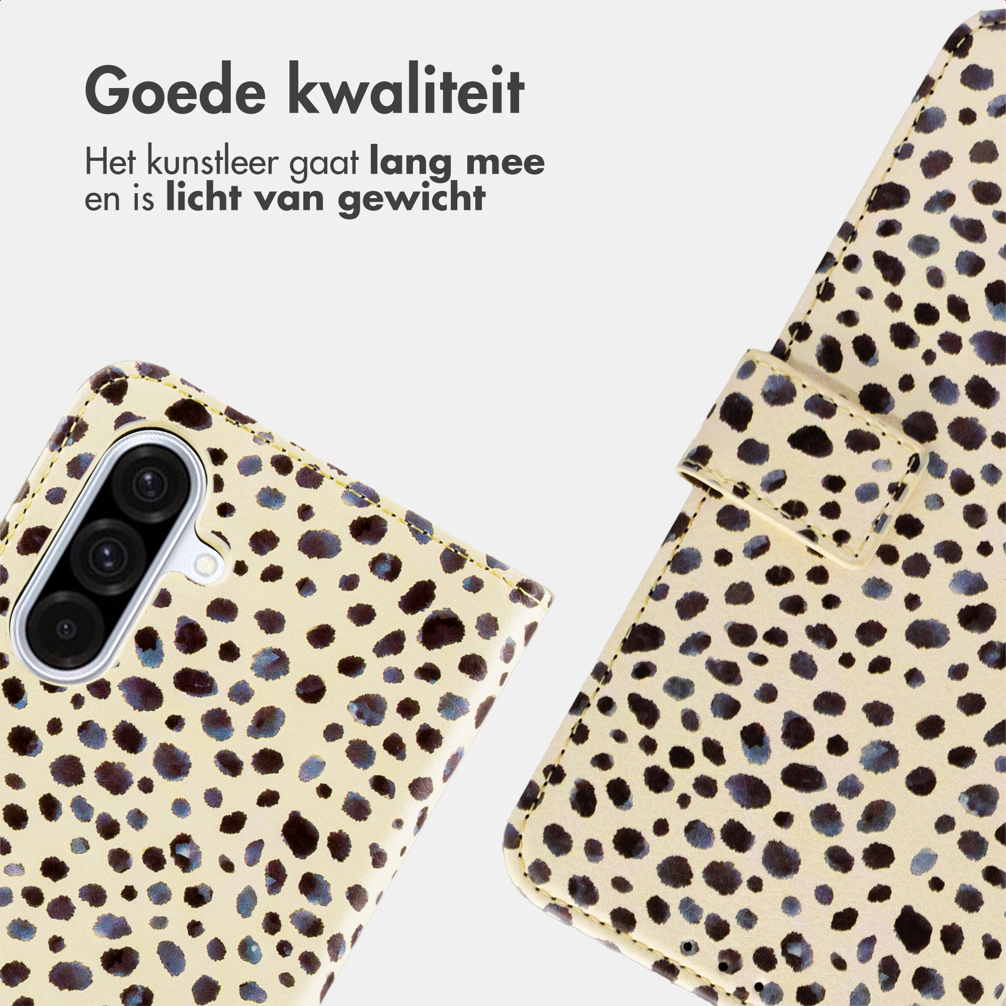 Beige telefoonhoes met luipaardprint en camera-opening.