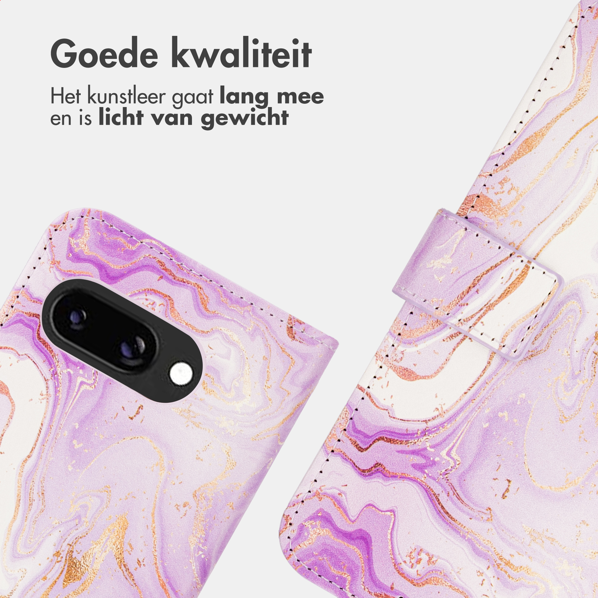 Paarse marmeren telefoonhoes met camera-uitsparing en sluiting.