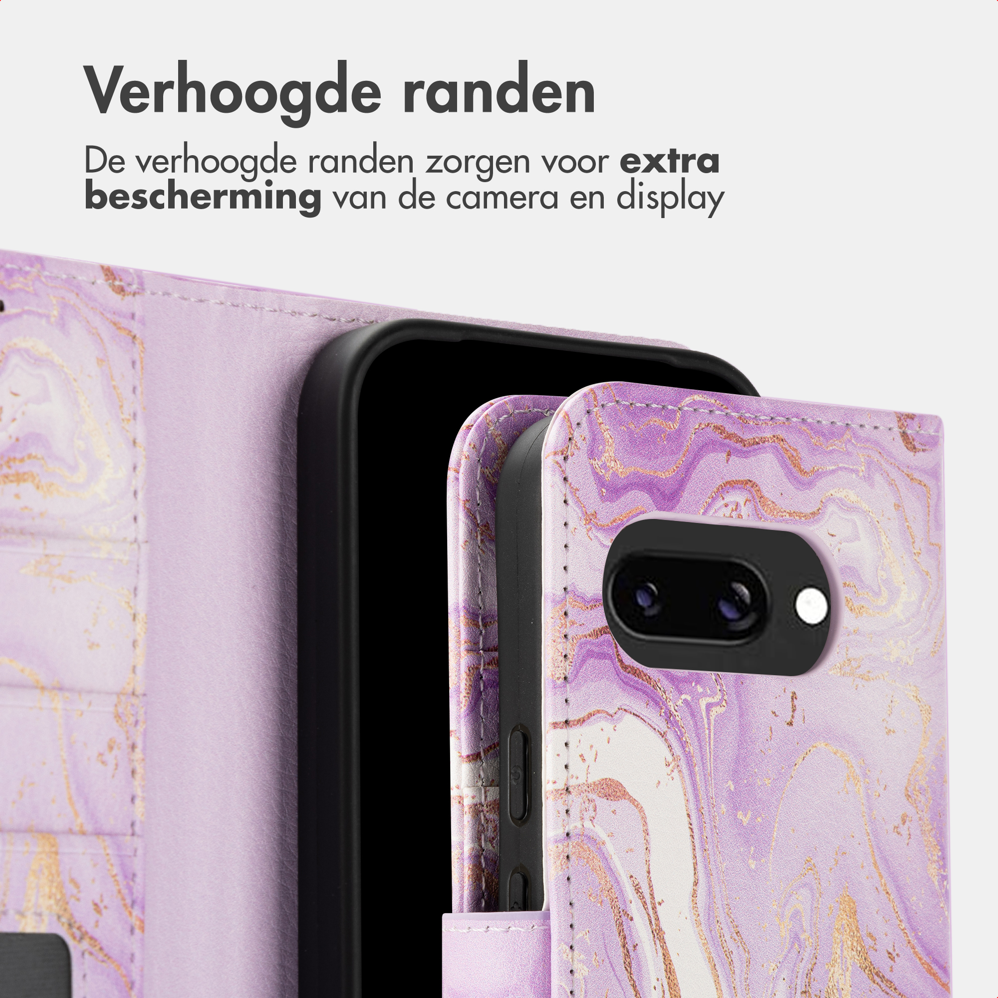 Paarse marmeren telefoonhoes met verhoogde randen voor camera- en displaybescherming.