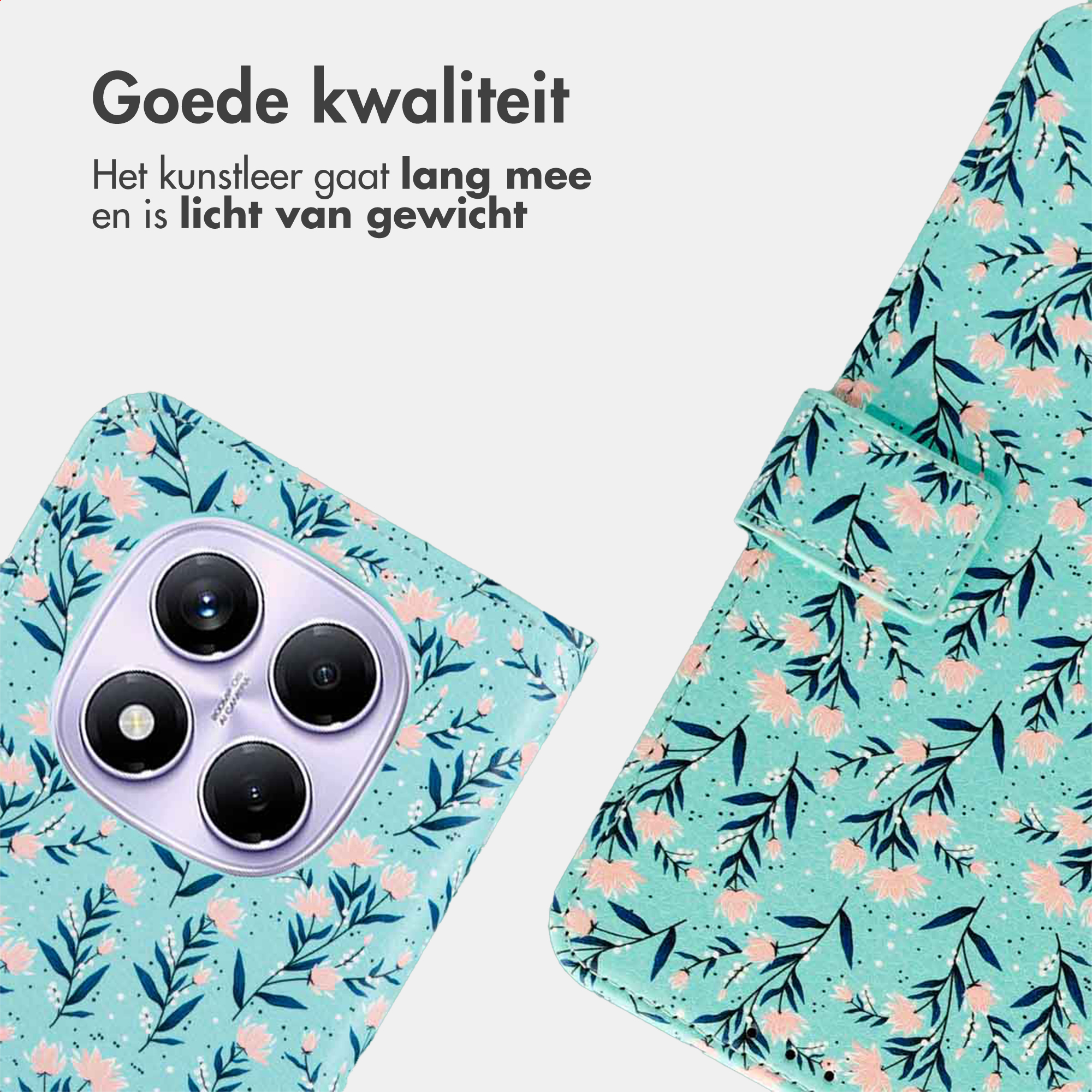 Turquoise telefoonhoesje met roze bloemen en blauwe bladeren patroon.