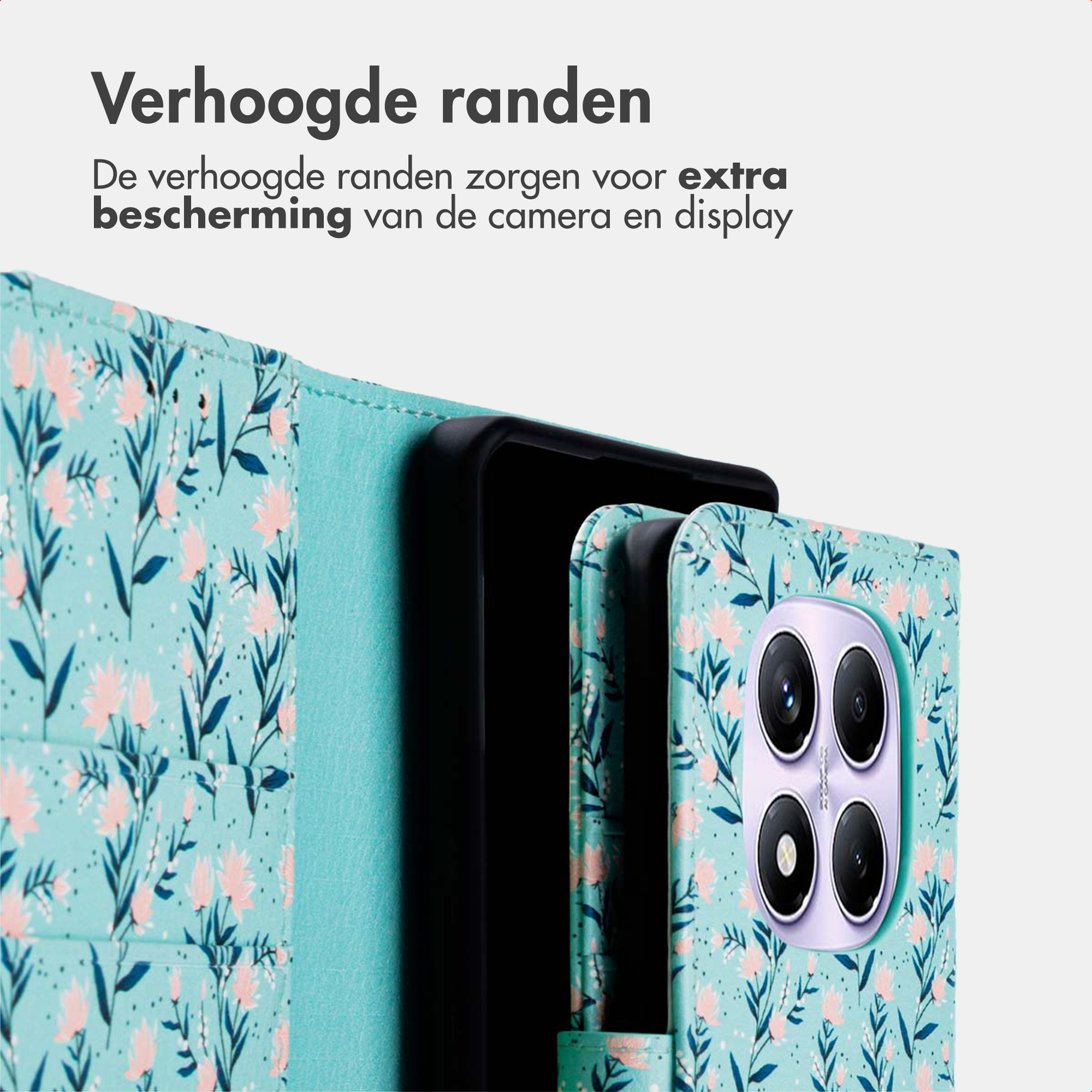 Een telefoon met een turquoise en roze bloemenpatroon hoesje.