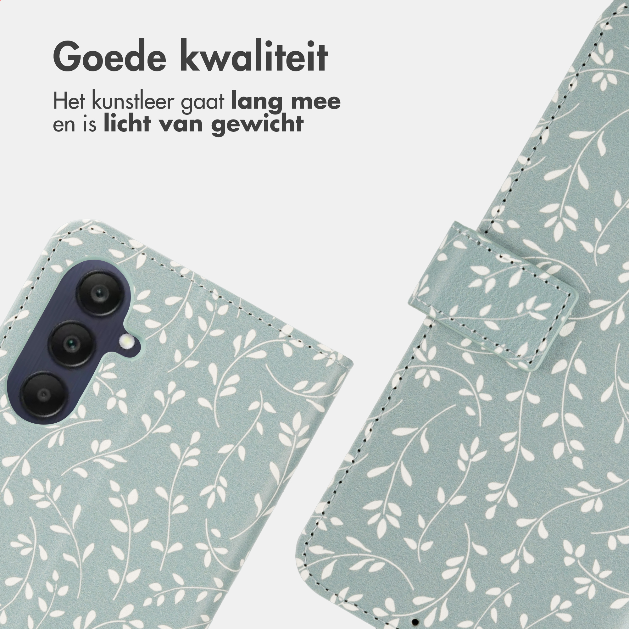 Een lichtgroene telefoonhoes met wit bladerpatroon, close-up.