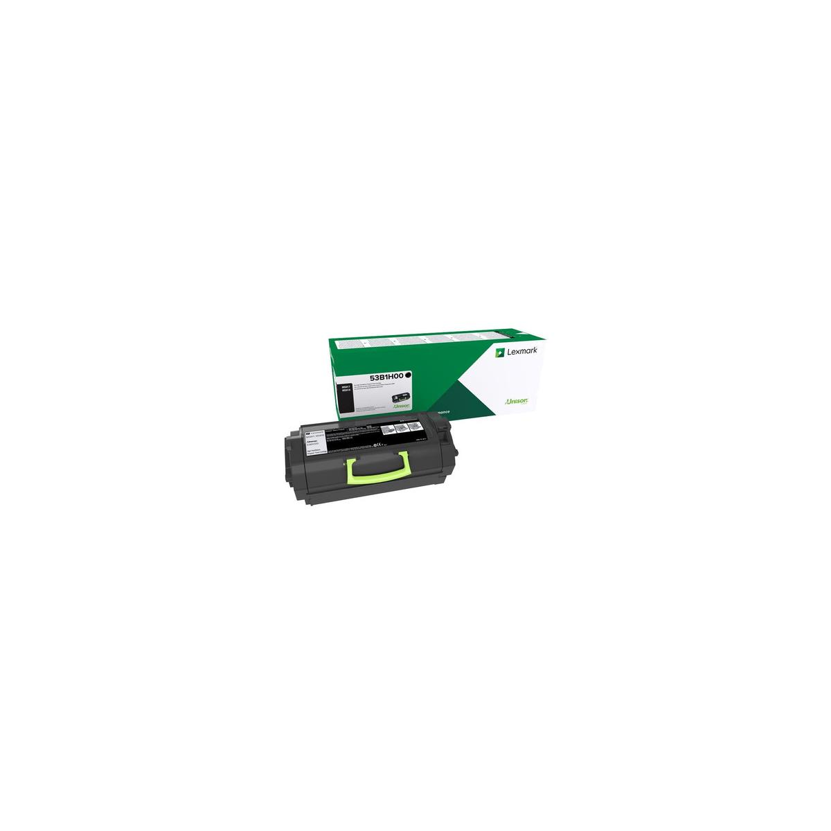 Une cartouche de toner Lexmark noire et sa boîte verte et blanche sont présentées sur fond blanc.