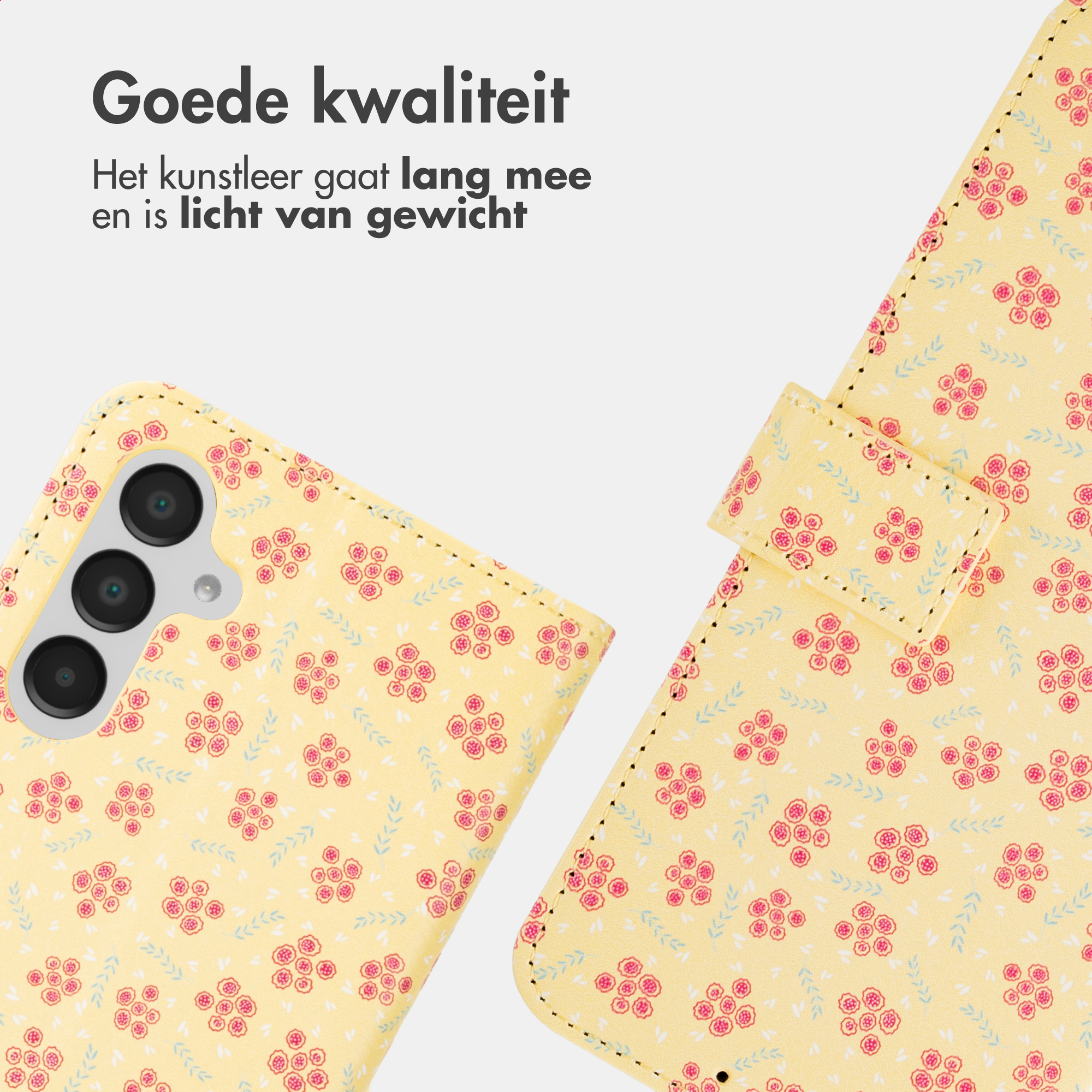 Gele telefoonhoes met roze bloemenpatroon en cameragat.