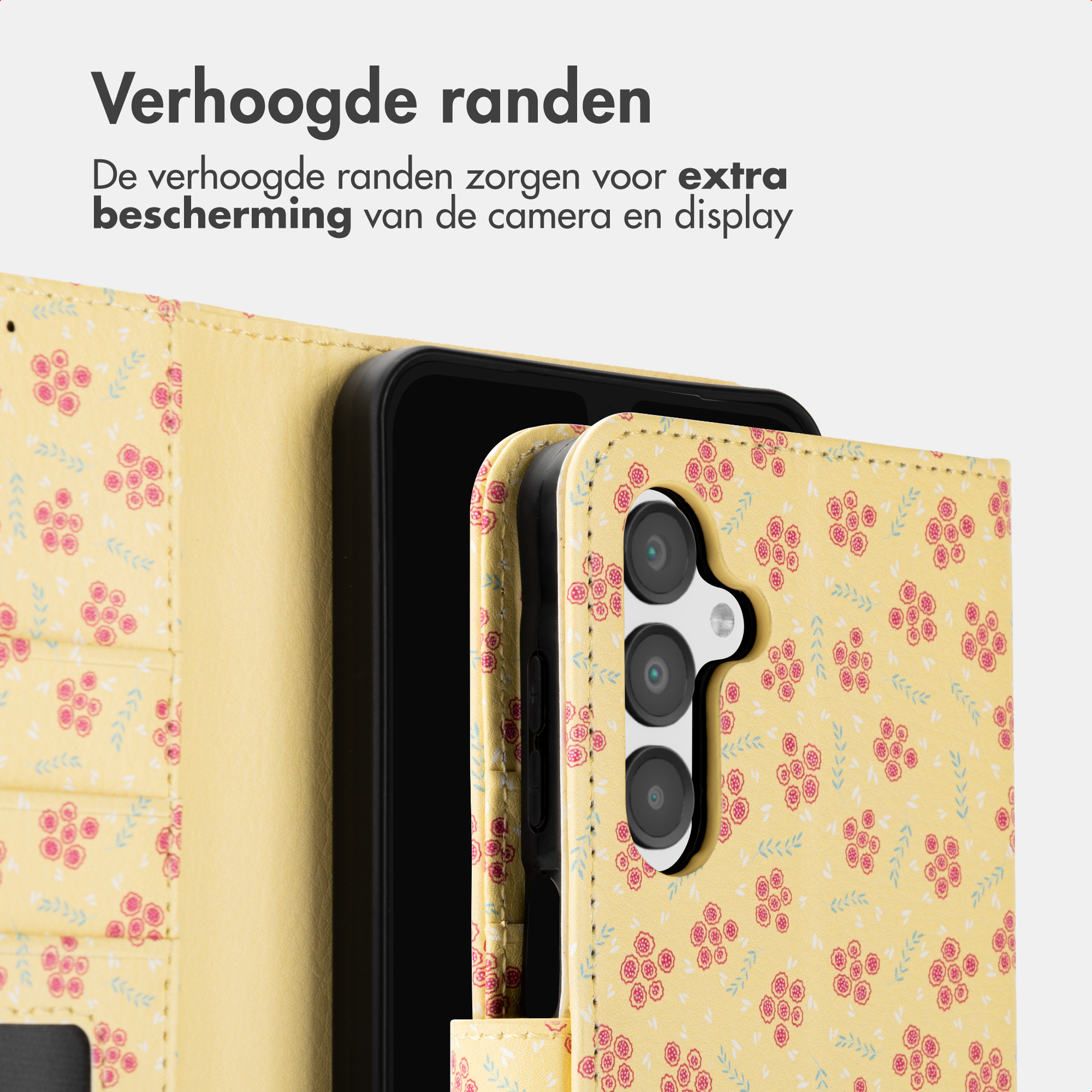 Een gele flipcase met bloemenprint beschermt een telefooncamera.