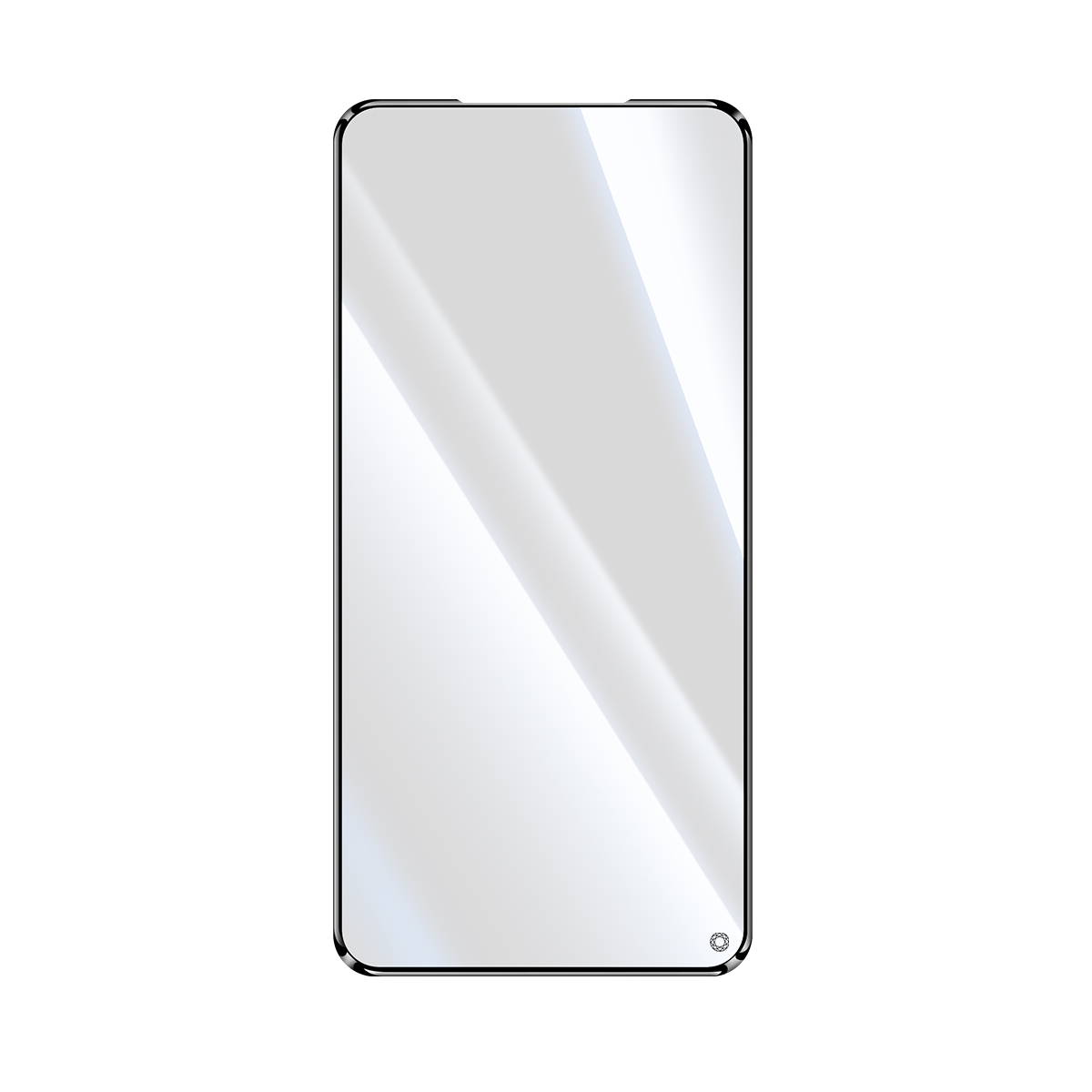 Schermo smartphone con una leggera lucentezza, vista frontale. Una piccola icona in basso a destra.