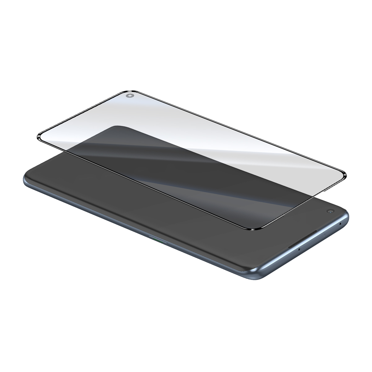 Uno smartphone grigio con una protezione schermo posizionata sopra, su sfondo bianco.