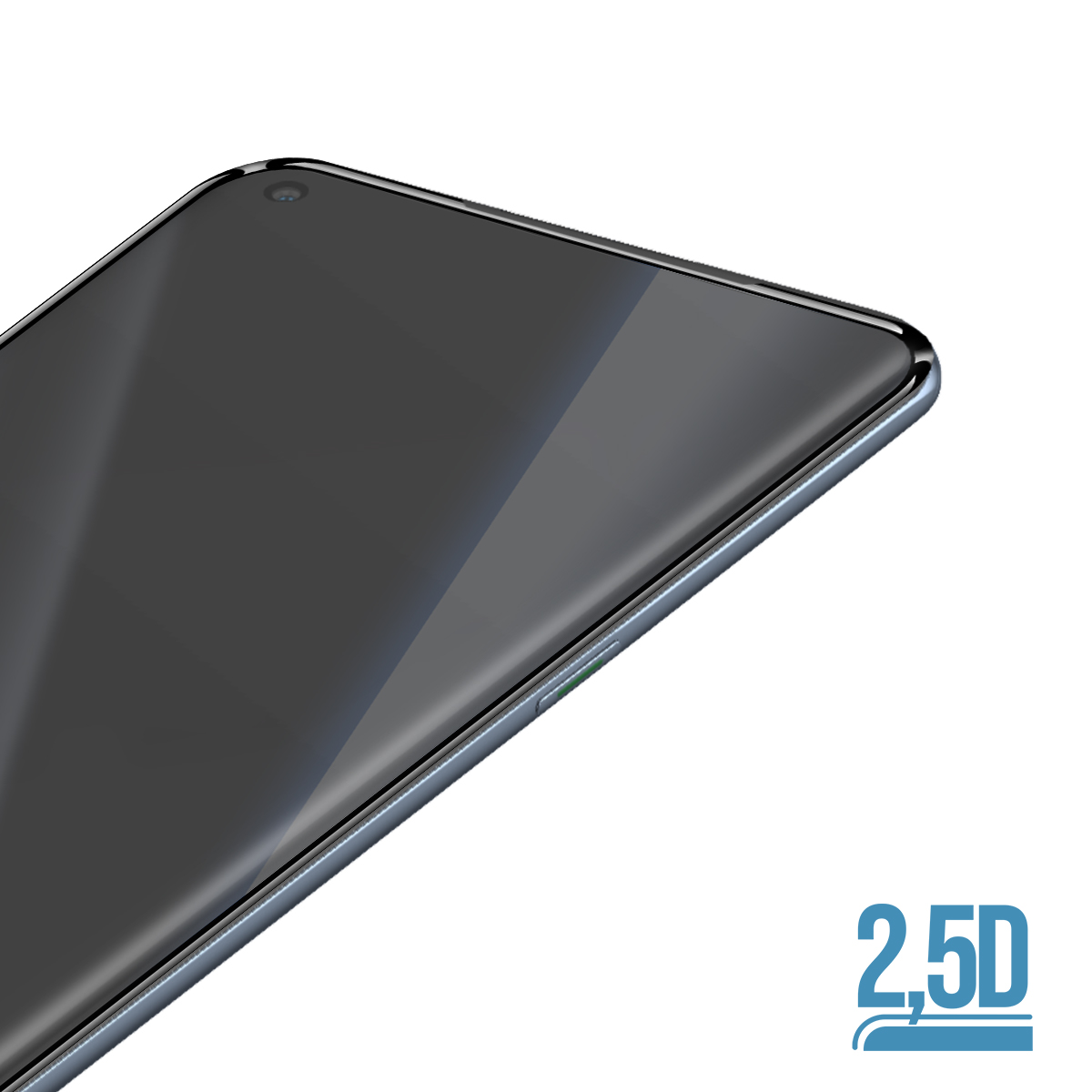 Primo piano di uno schermo scuro di smartphone con bordi curvi e logo 2,5D.