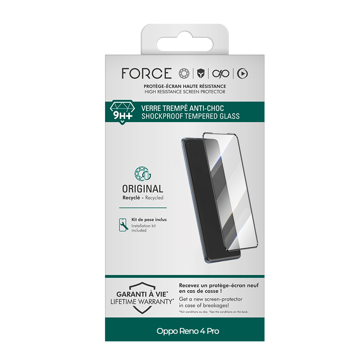 Confezione di una protezione schermo FORCE per Oppo Reno 4 Pro.