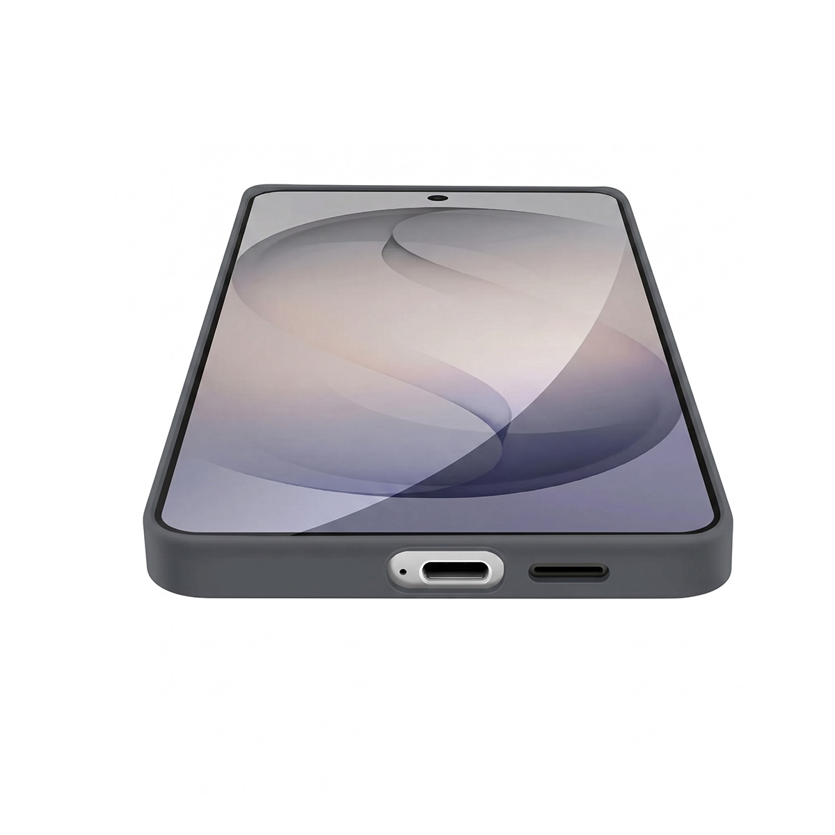 Uno smartphone grigio con porta di ricarica e griglia dell'altoparlante sul bordo inferiore.