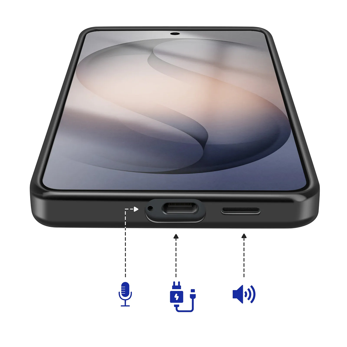 Nahaufnahme des unteren Rands eines schwarzen Smartphones mit Mikrofon-, Lade- und Lautsprechersymbolen.