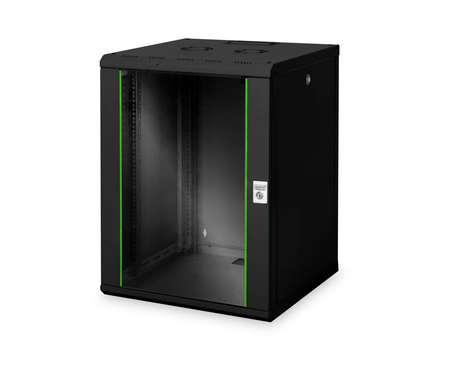 Schwarzer Serverschrank mit Glastür und grünen Akzenten.