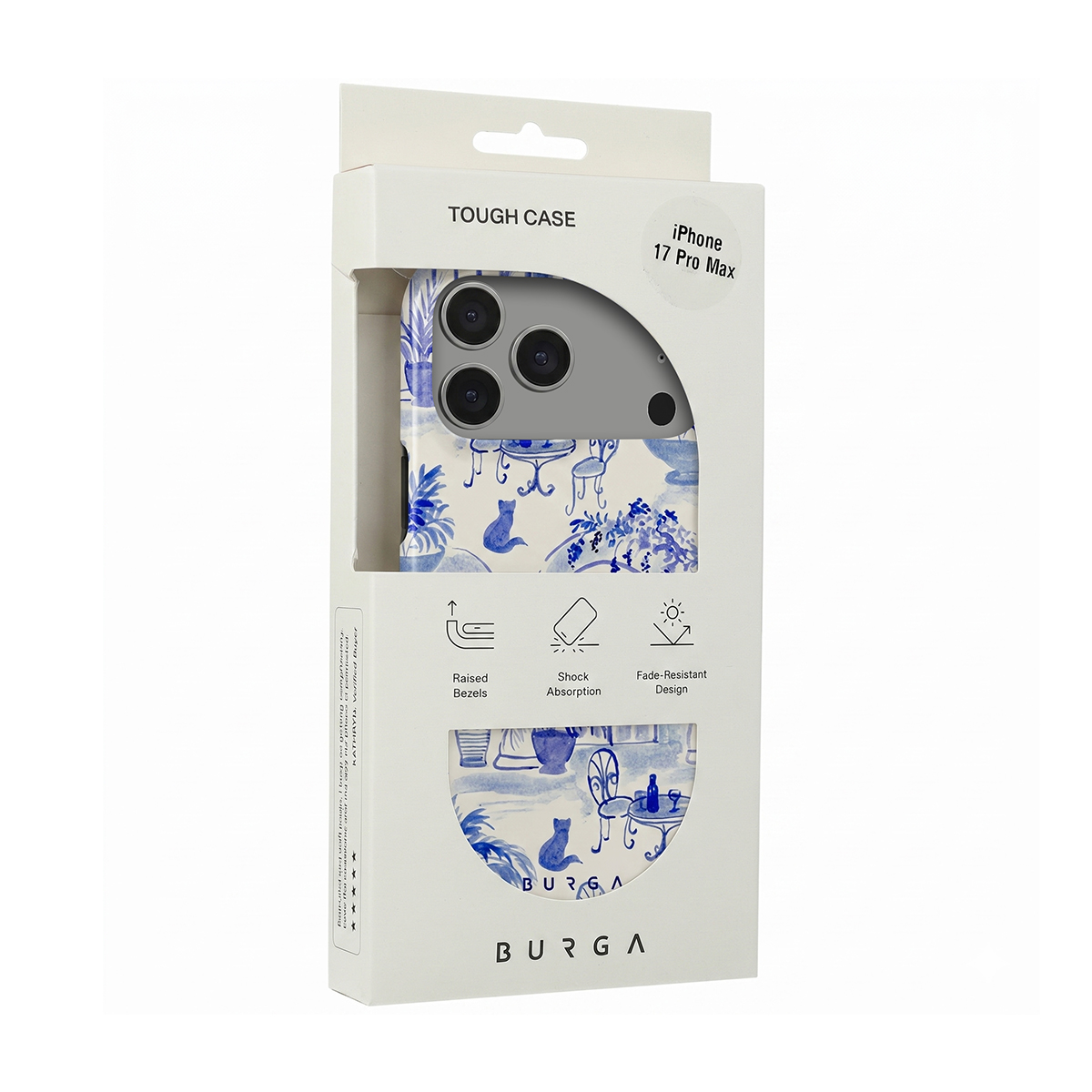 Een witte doos voor een stevige iPhone 17 Pro Max hoes met blauw toile patroon.