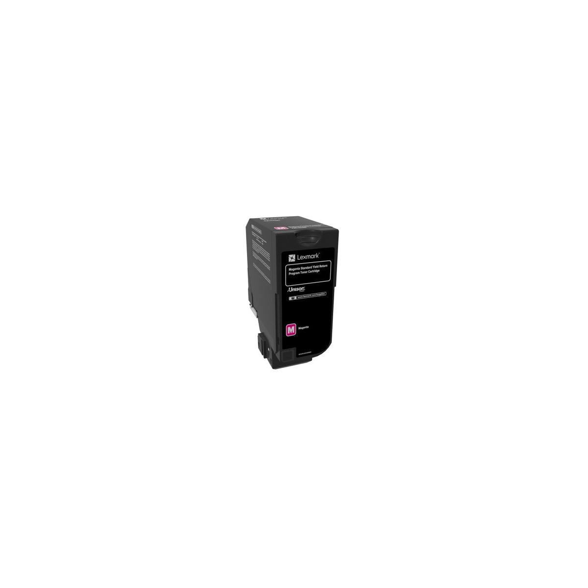 Lexmark magenta toner cartridge met "M" logo en productdetails.