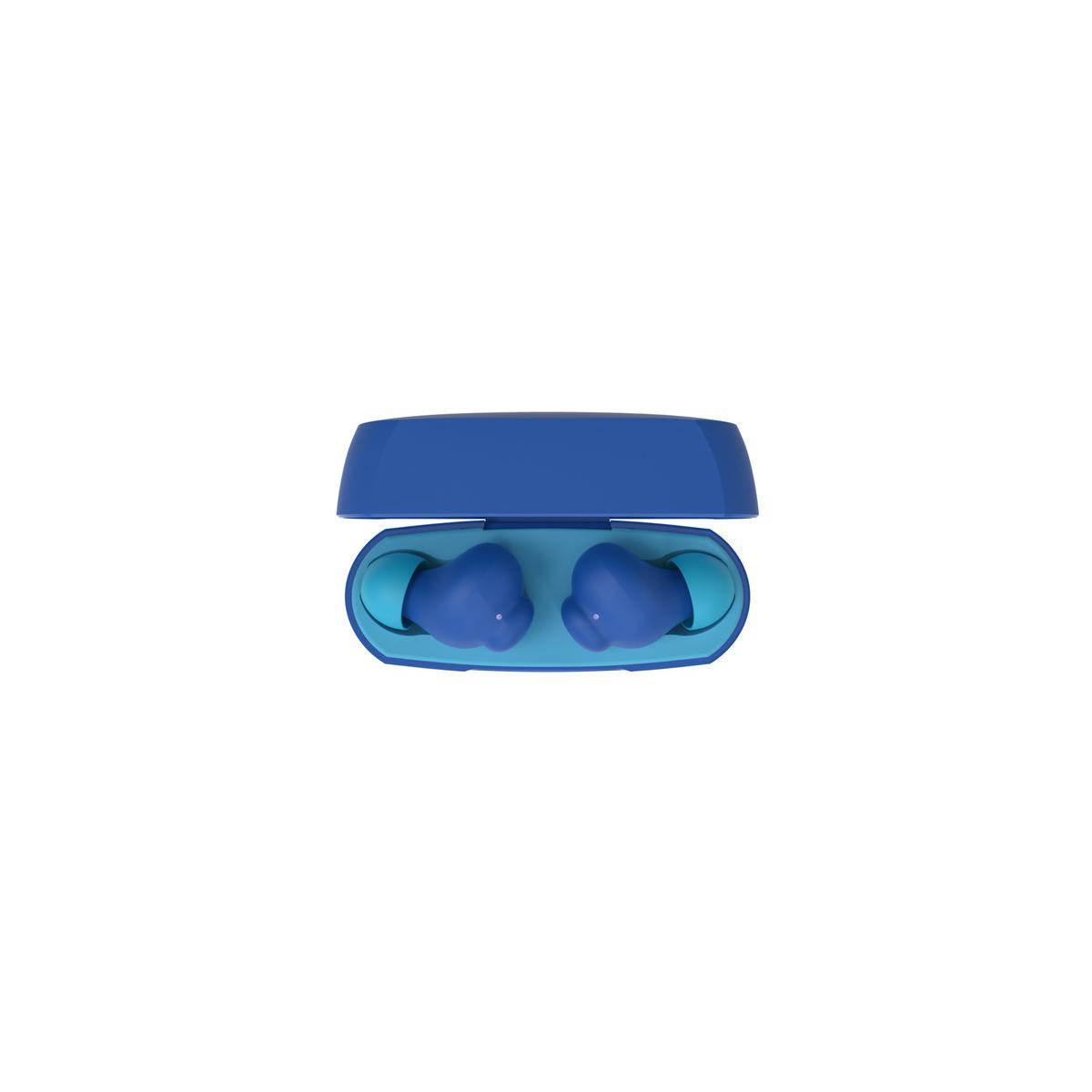Auriculares inalámbricos azules en un estuche de carga azul.