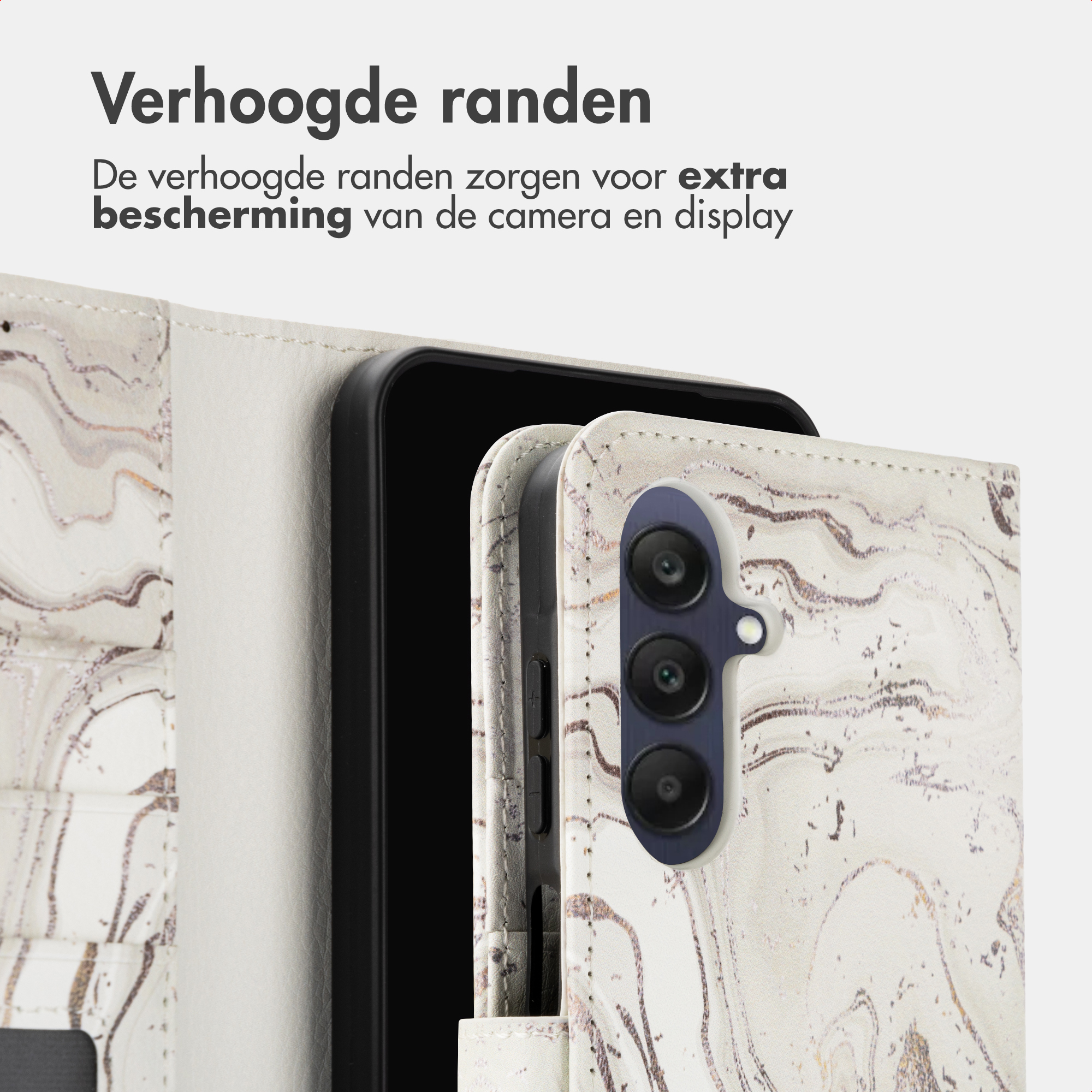Marmeren telefoonhoes met drie camera's en een verhoogde rand.