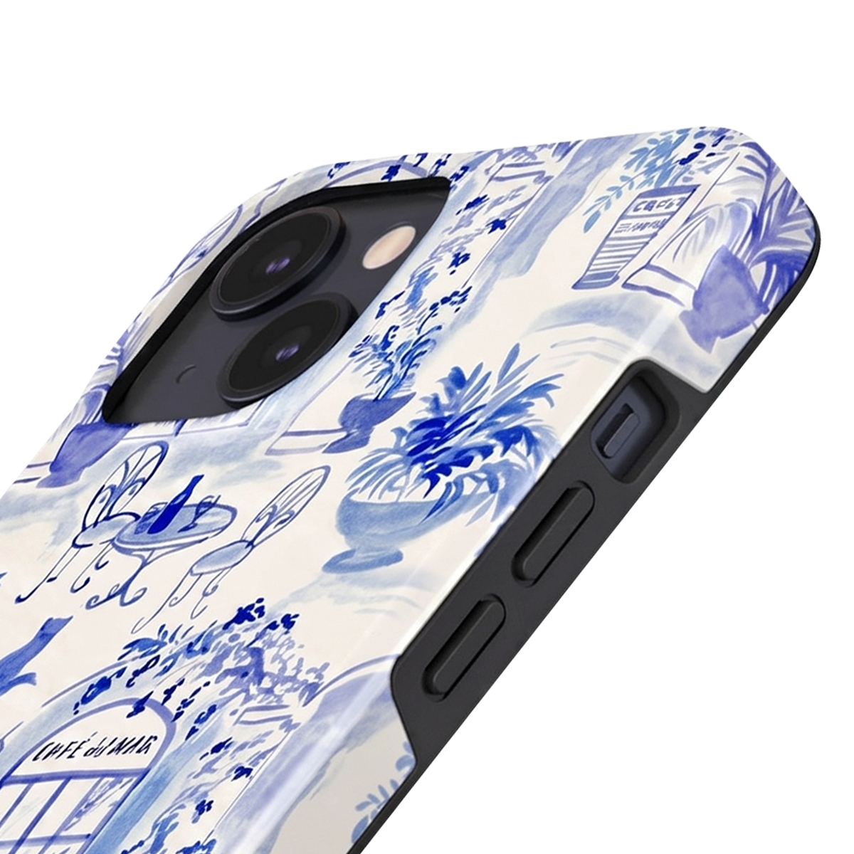 Blauw-wit toile patroon telefoonhoes met café- en bloemtaferelen.