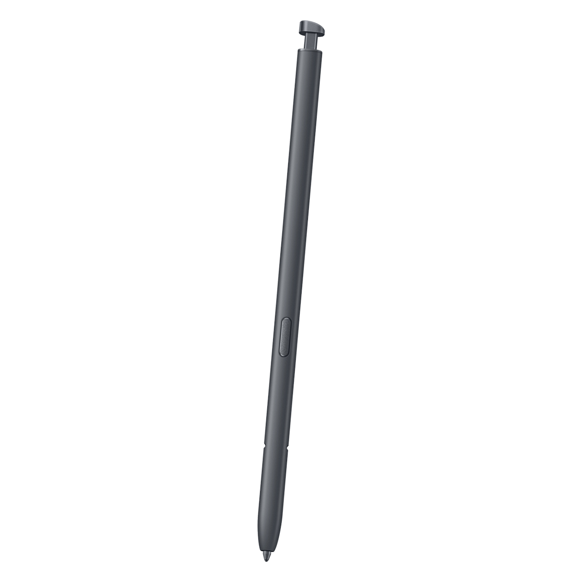 Ein dunkler Stylus-Stift mit einem Knopf und einer Spitze, der auf einem weißen Hintergrund steht.