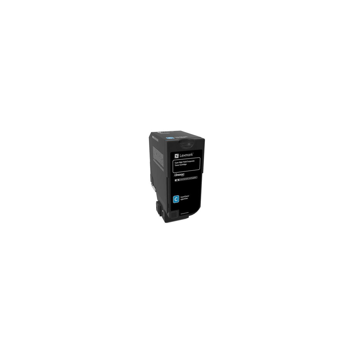Een zwarte Lexmark toner cartridge met hoge opbrengst in cyaan.