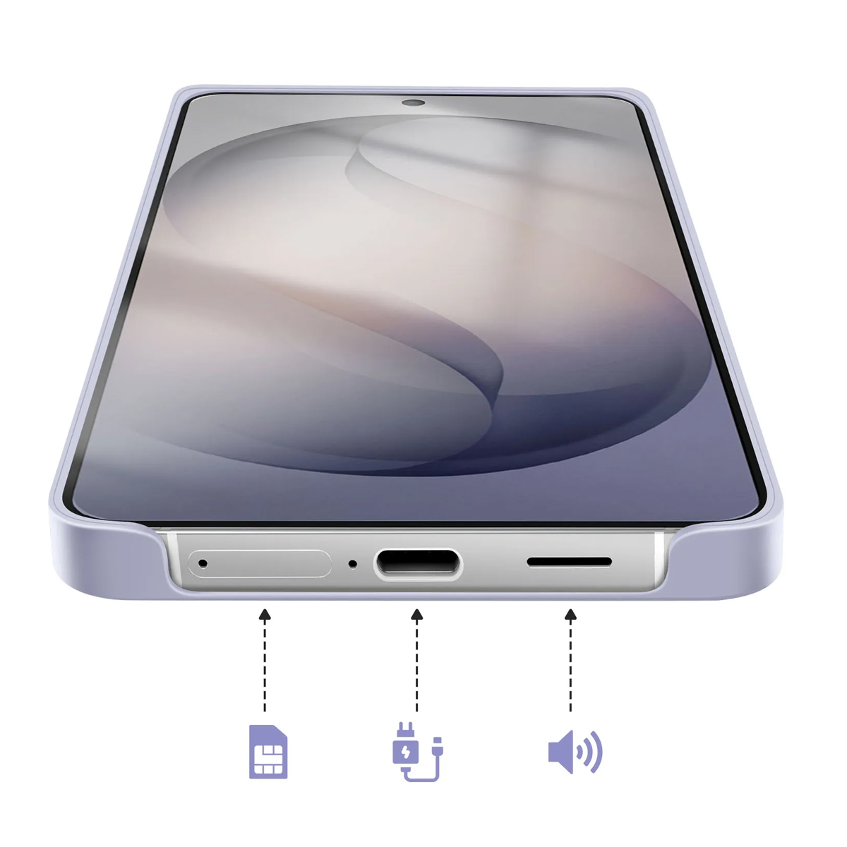 Uno smartphone con custodia viola, mostra porte SIM, di ricarica e altoparlante.