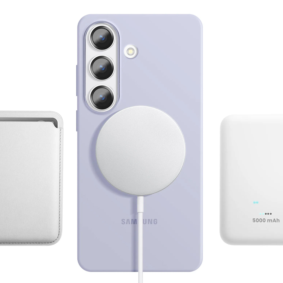 Un telefono viola con tre fotocamere e un caricabatterie bianco accanto.