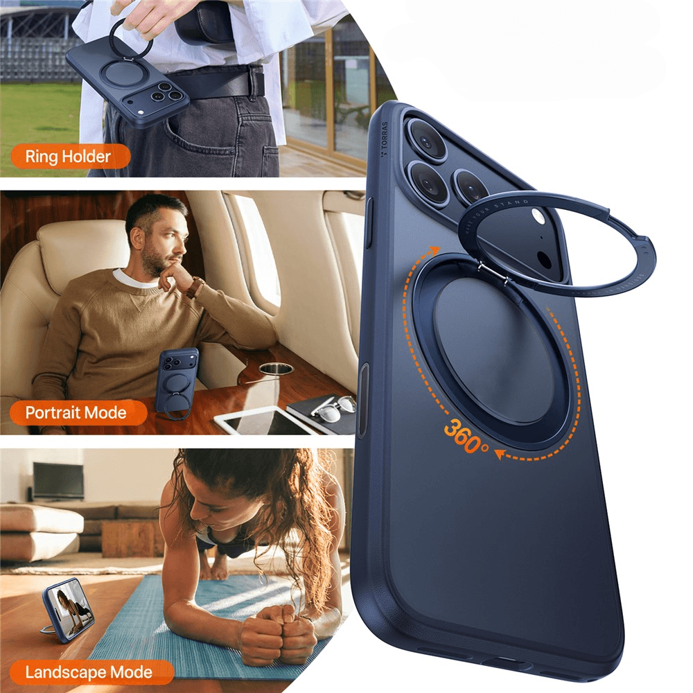 Funda azul oscuro para teléfono con soporte de anillo integrado que funciona como soporte.