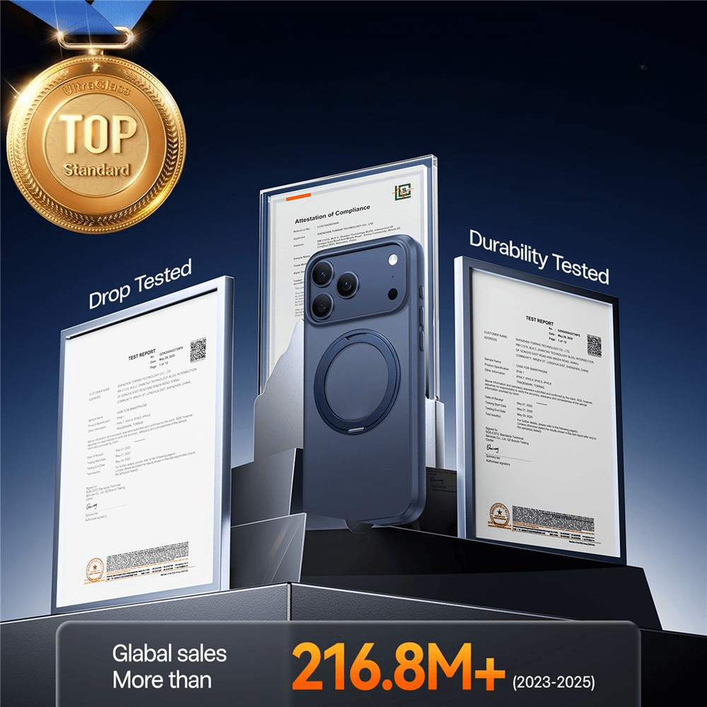 Medalla de oro, funda de teléfono, informes de prueba y cifras de ventas.