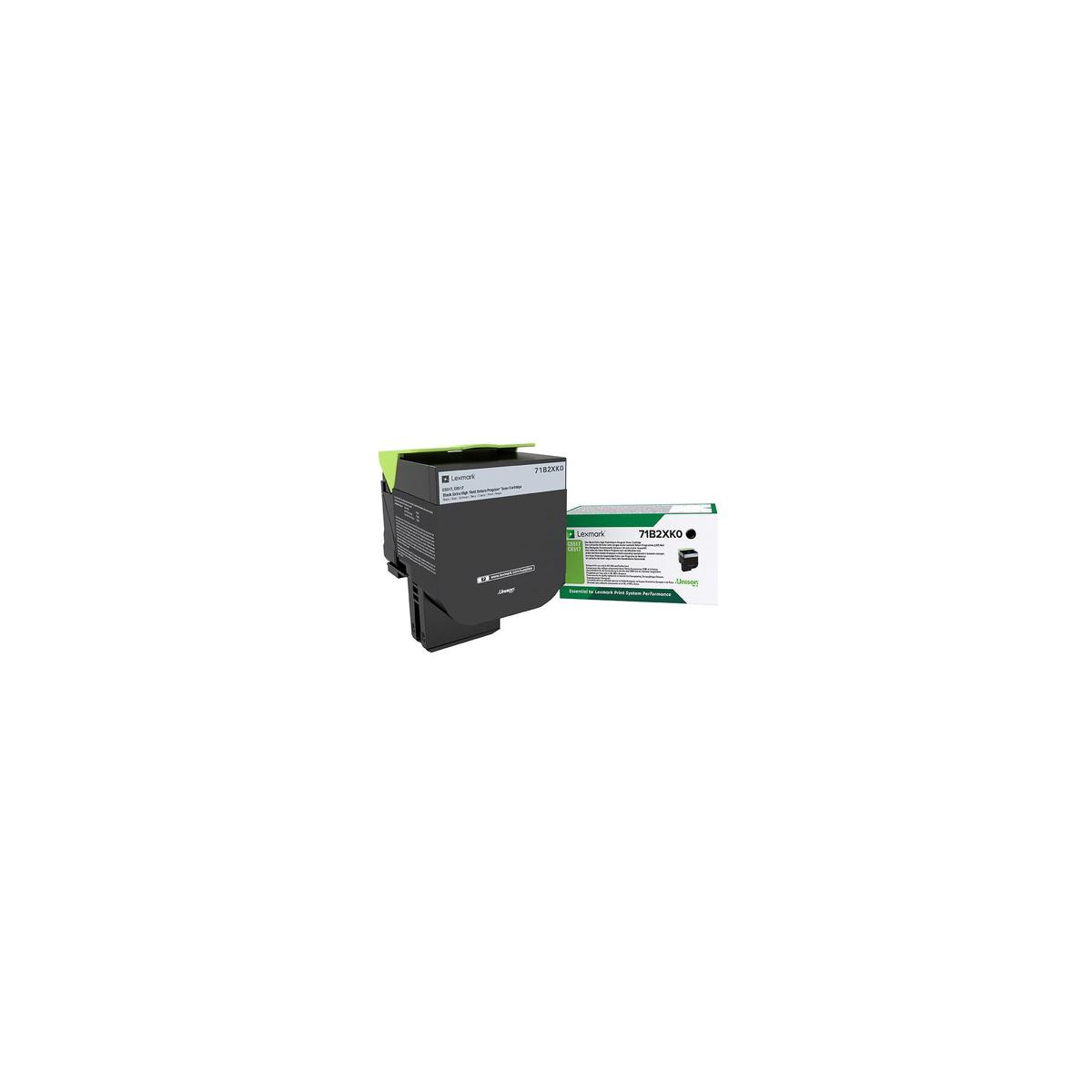 Cartucho de tóner Lexmark 71B2XK0 y caja sobre fondo blanco.