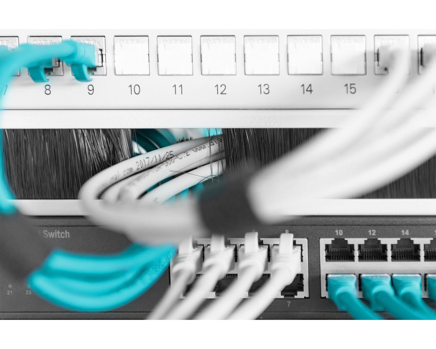 Patch panel di rete con cavi blu e bianchi, porte numerate.