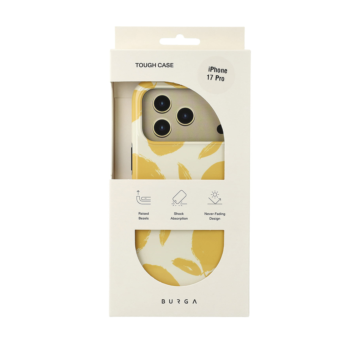 A tough case for iPhone 17 Pro with yellow brush strokes pattern.