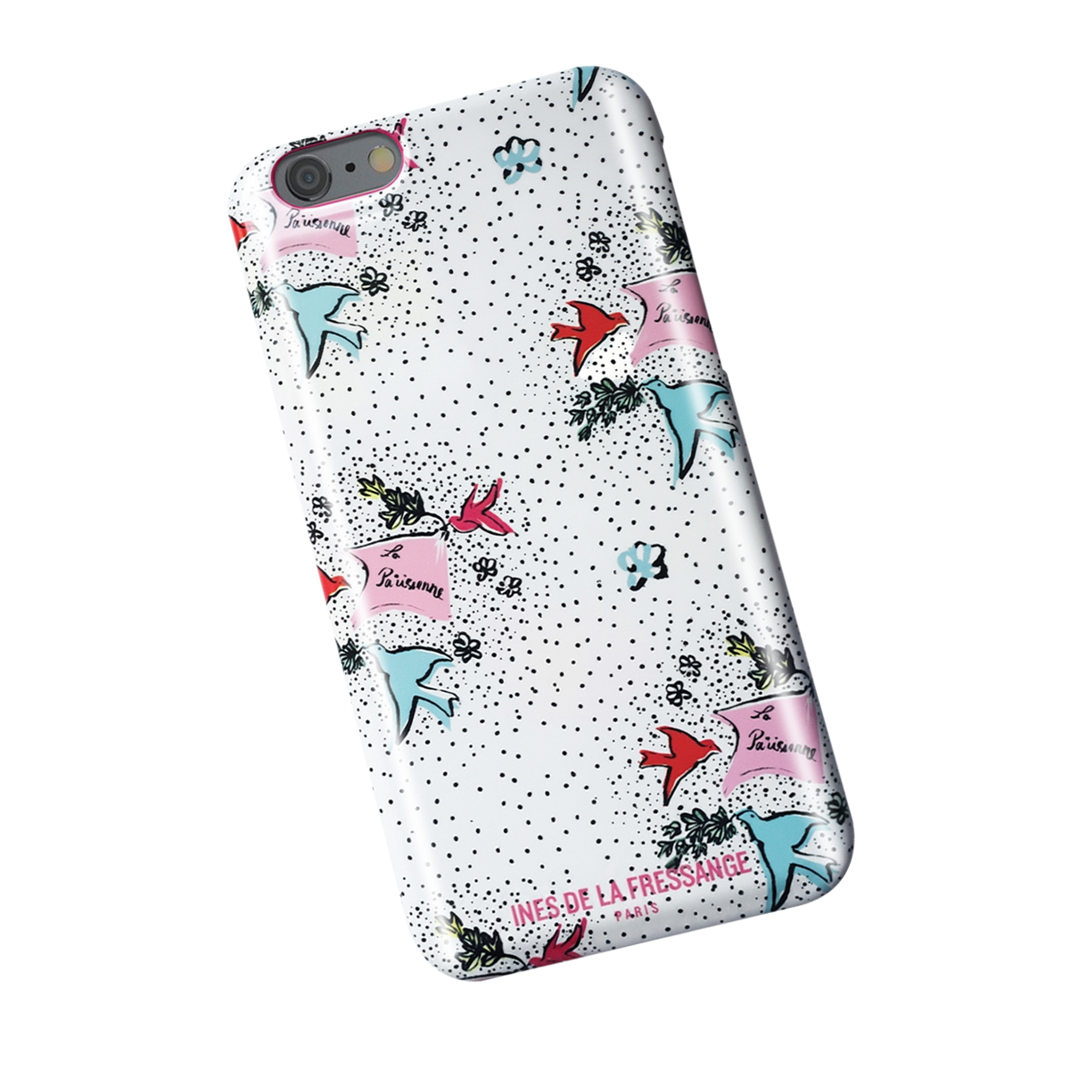 Una custodia bianca per iPhone con uccelli rosa e blu che tengono banner con scritto 'La Parisienne'.