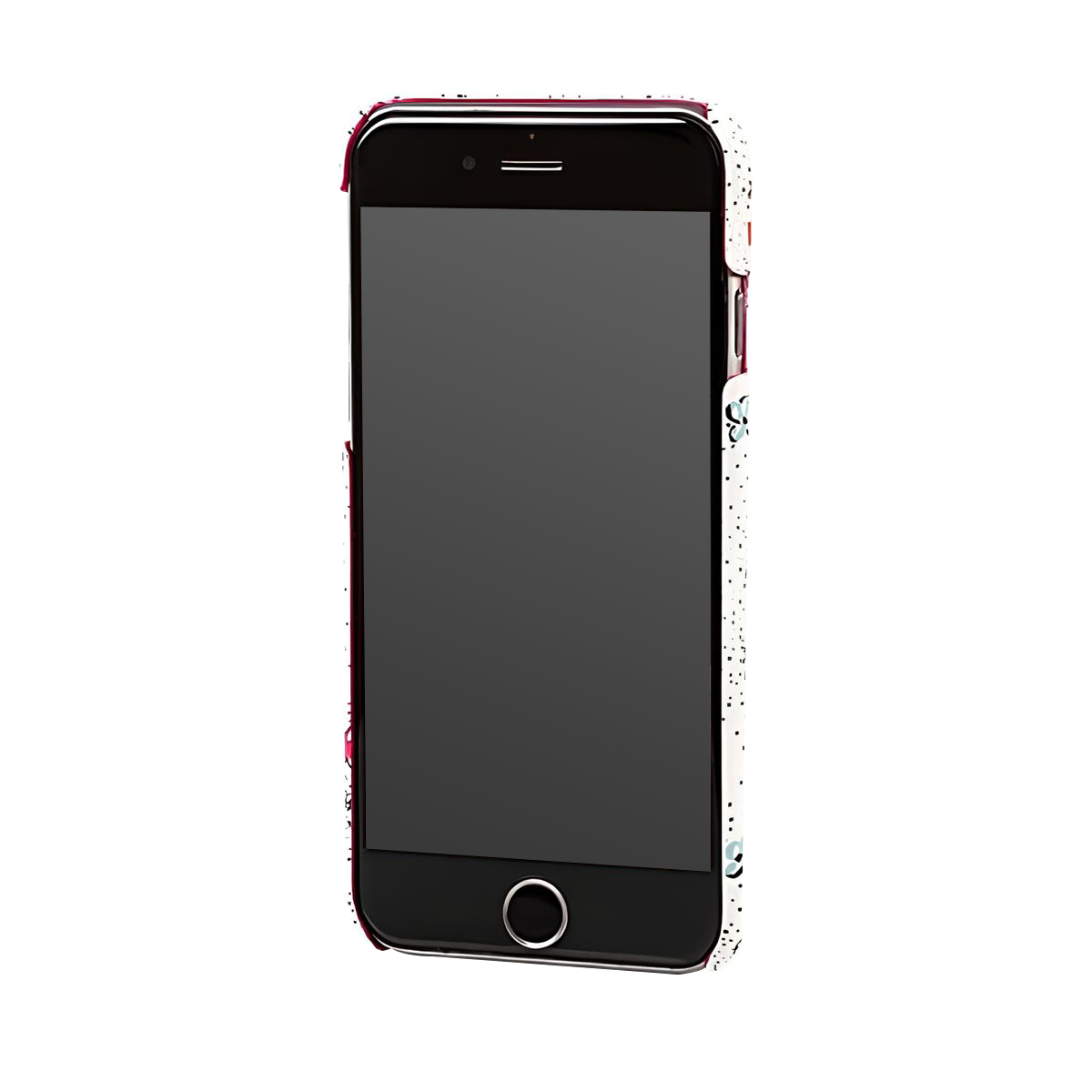 Uno smartphone nero con bordo decorato giace su sfondo bianco.