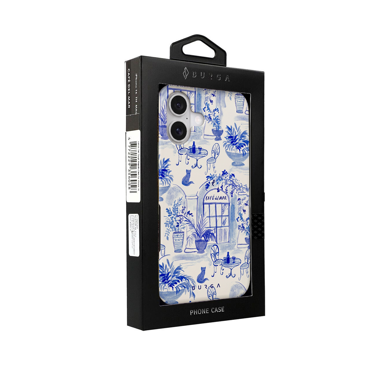 Verpakking voor telefoonhoes met blauw-wit Café del Mar patroon.