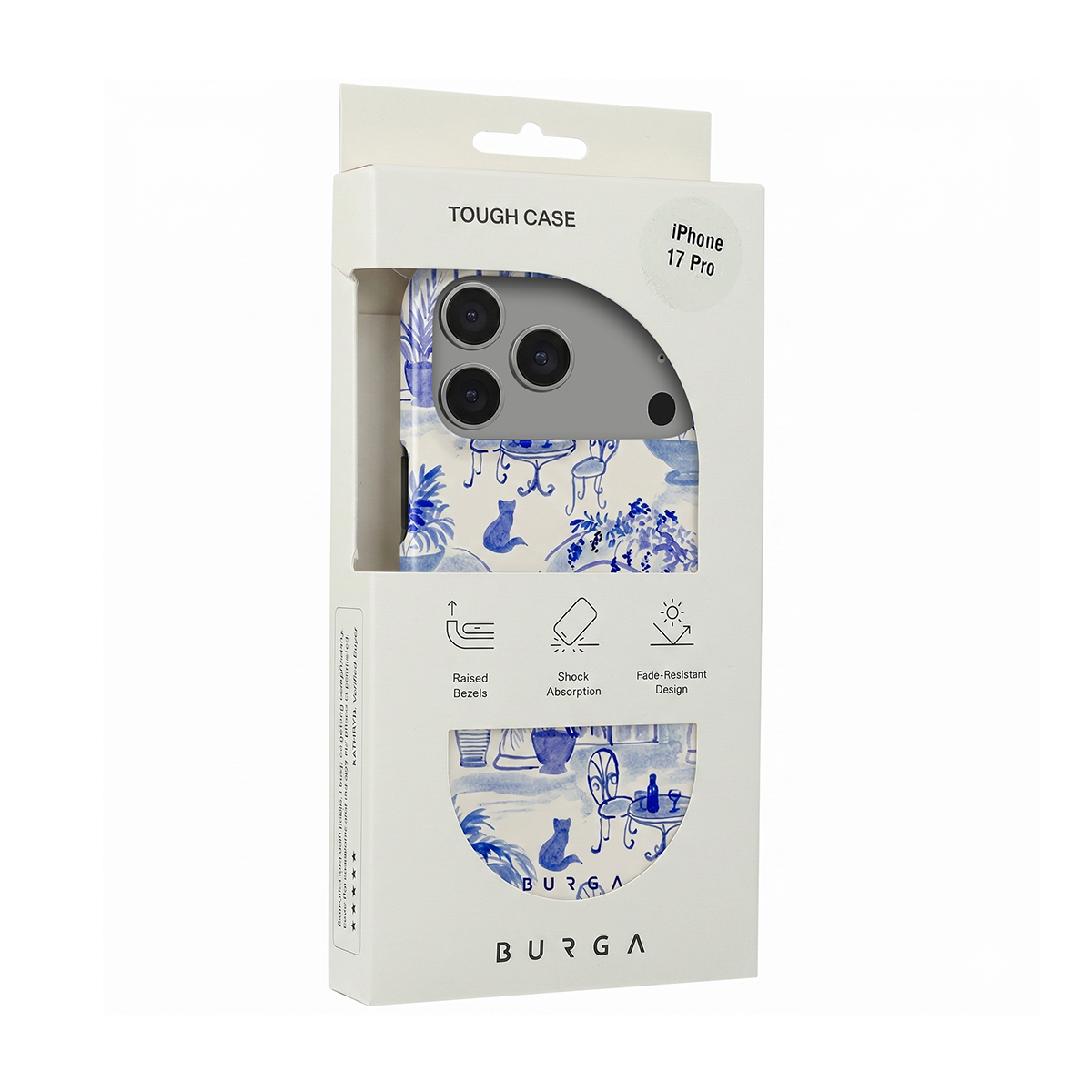 iPhone 17 Pro hardcase verpakking met blauw toile patroon.