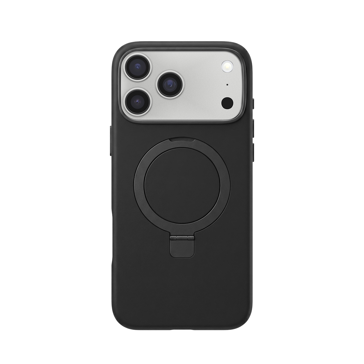 Coque de téléphone noire avec trois caméras et un support anneau.