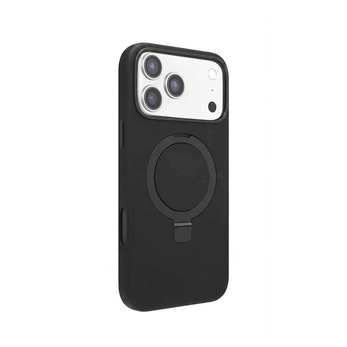 Coque de téléphone noire avec trois objectifs et une poignée circulaire.
